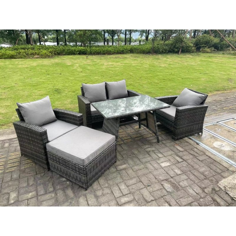 Fimous 5 Seater Outdoor Dark Grey Mixed High Back Rattan Sofa Dining Table Set Garden Furniture Big Footstool