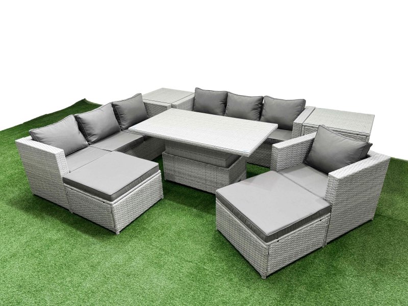 Fimous 7 PCs Rising Dining Table Set Rattan Furniture Set with 3 Seater Sofa Chair 2 Big Footstool 2 Side Tables Light Grey