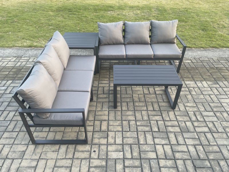Fimous Aluminium 4 Pieces Outdoor Garden Furniture Lounge Sofa Set with Oblong Coffee Table Side Table Dark Grey