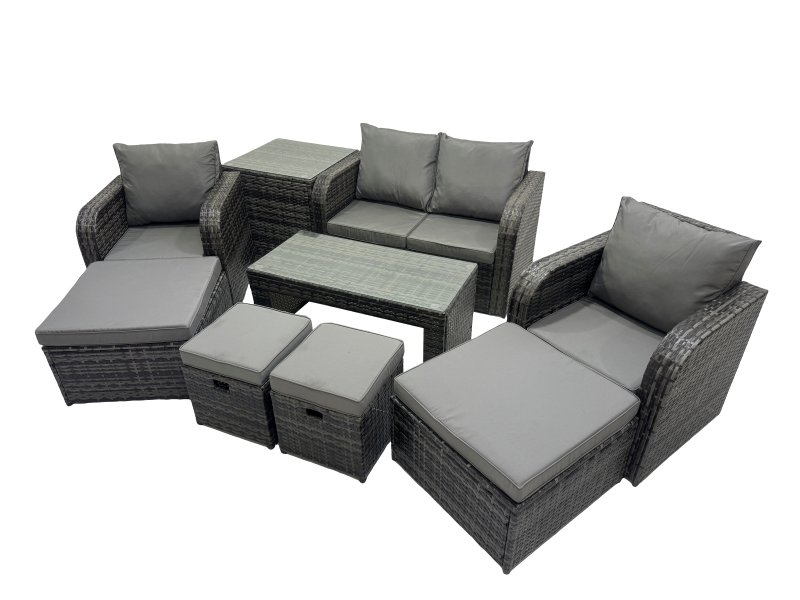 Fimous 3 Seater Sofa Reclining Chair Coffee Table Set Rattan Garden Outdoor Furniture Set with 2 Side Tables 4 Stool Dark Grey Mixed