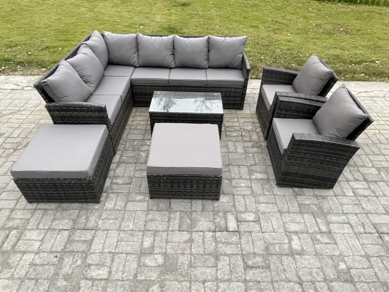 Fimous 10 Seater Rattan Lounge Corner Sofa Set Wicker PE Outdoor Garden Furniture Set with Coffee Table 2 Big Footstool 2 Armchair Dark Grey Mixed