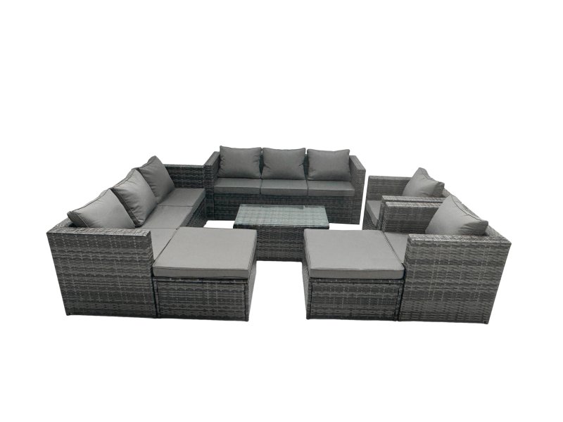 Fimous Rattan Garden Furniture Dining Set 10-seater Patio Coffee Table Sofa Set with 2 Big Stools Dark Grey Mixed