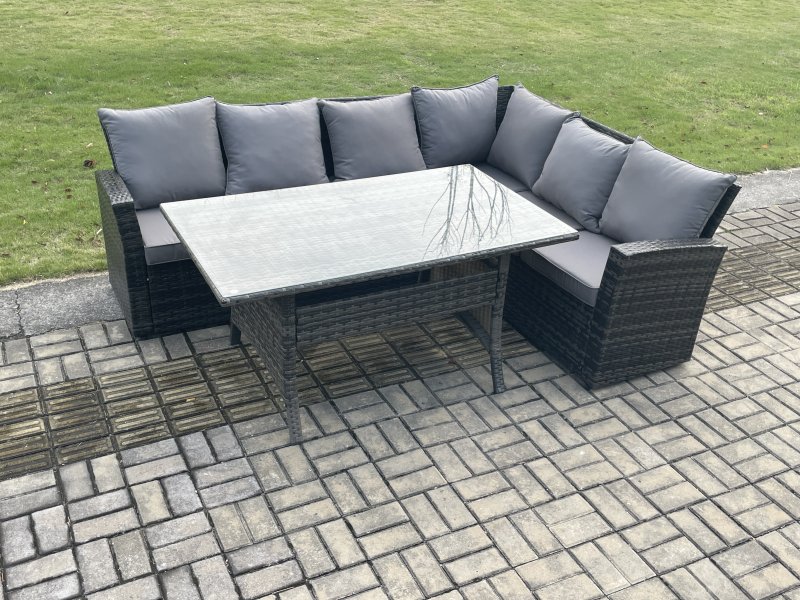 Fimous 6 Seater Garden Rattan Furniture Corner Sofa Dining Table Set with Temper Glass and Cushions Indoor Outdoor Lounge Sofa Set