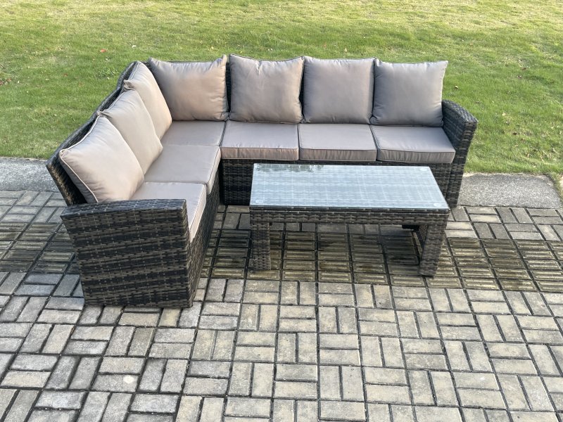Fimous 6 Seat Rattan Garden Furniture Corner Sofa Set Outdoor Patio Sofa Table Set Dark Grey Mixed