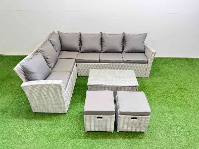 Fimous 8 Seater Garden Outdoor PE Rattan Furniture Set Rattan Garden Sofa Sets with Oblong Coffee Table Light Grey Mixed