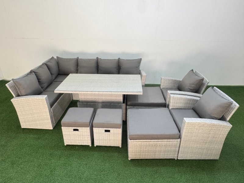Fimous 12 Seat Rattan Outdoor Garden Furniture Corner Sofa Set Adjustable Lifting Dining or Coffee Table Set with Armchair Light Grey
