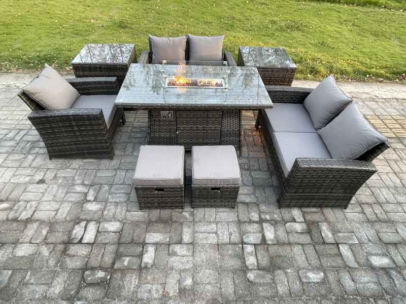 Fimous 7 Seater Rattan Outdoor Garden Furniture Gas Fire Pit Table Sets Gas Heater with Love Sofa Armchair 2 Small Footstools 2 Side Tables Dark Mixed Grey