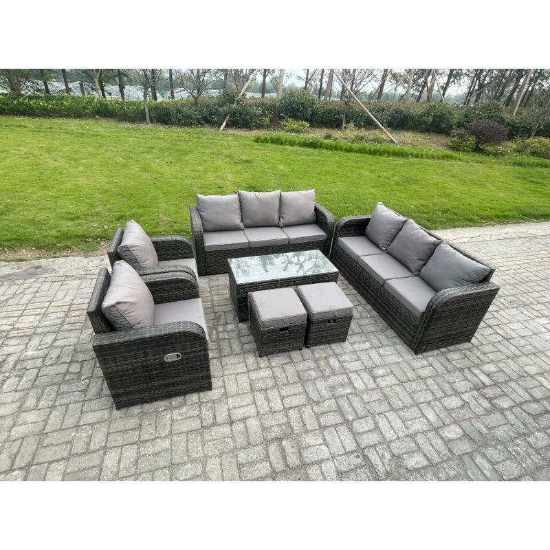 Fimous Patio Garden Furniture Sets Wicker 10 Seater Outdoor Rattan Furniture Sofa Sets with Rectangular Coffee Table Reclining Chair 2 Small Footstools