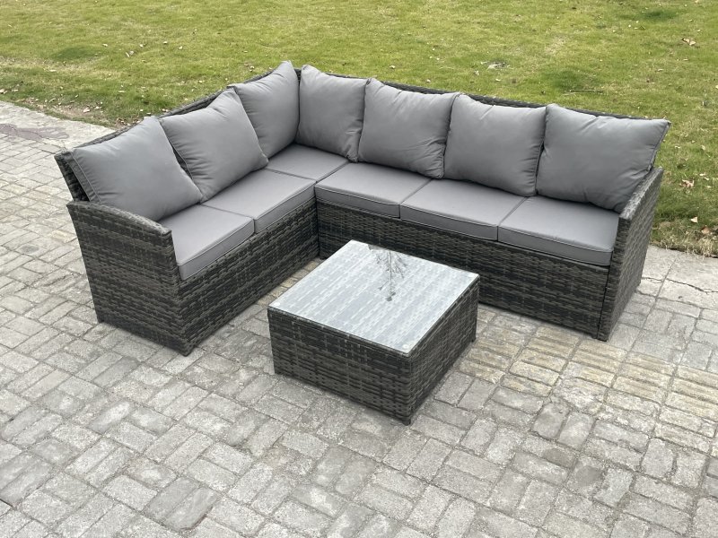 Fimous 6 Seater Outdoor Garden Furniture Set Wicker PE Rattan Corner Sofa Set with Square Coffee Table Dark Grey Mixed