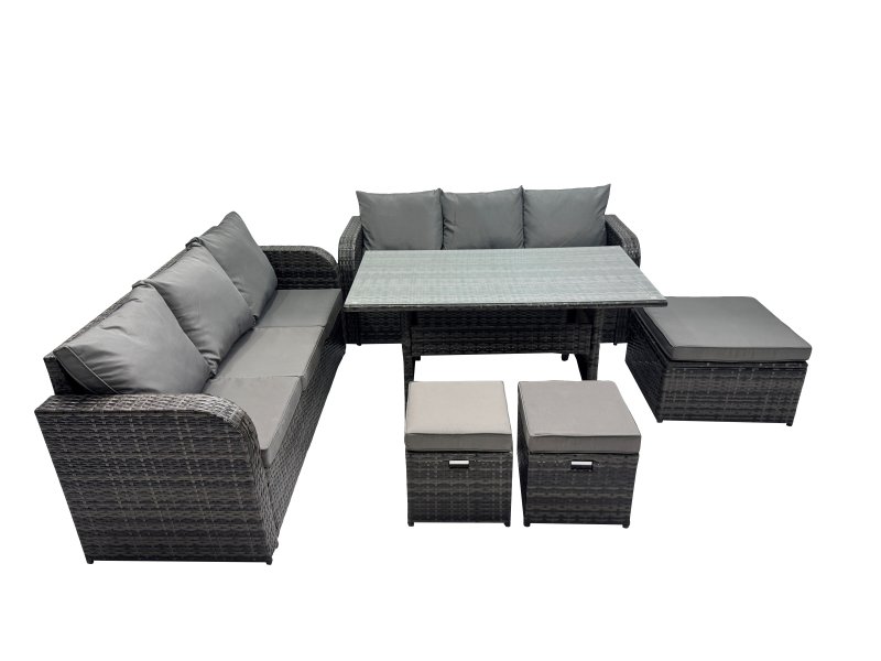 Fimous 9 Seat Outdoor Wicker PE Rattan Garden Furniture Set Dining Table Sofa Set with 3 Stools Dark Grey Mixed
