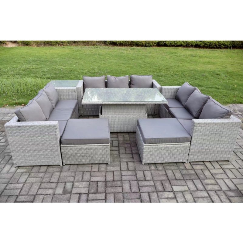 Fimous 11 Seater Outdoor PE Rattan Garden Funiture Set Height Adjustable Rising Lifting Table Sofa Dining Set with Side Table 2 Big Footstools