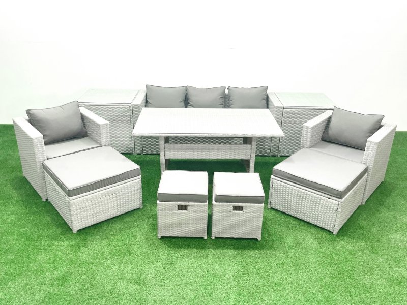 Fimous Rattan Garden Furniture Set Outdoor 9 Seater Patio Dining Sets with Glass Top Dining Table and 2 Side Tables Light Grey Mixed