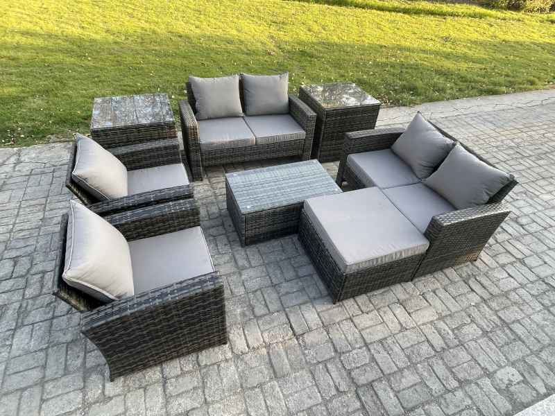 Fimous Garden Furniture Sets 8 Pieces Outdoor Rattan Furniture Manual Wicker Patio Sofa Chair Set with Coffee Table 2 Side Tables Big Footstool Dark Grey Mixed