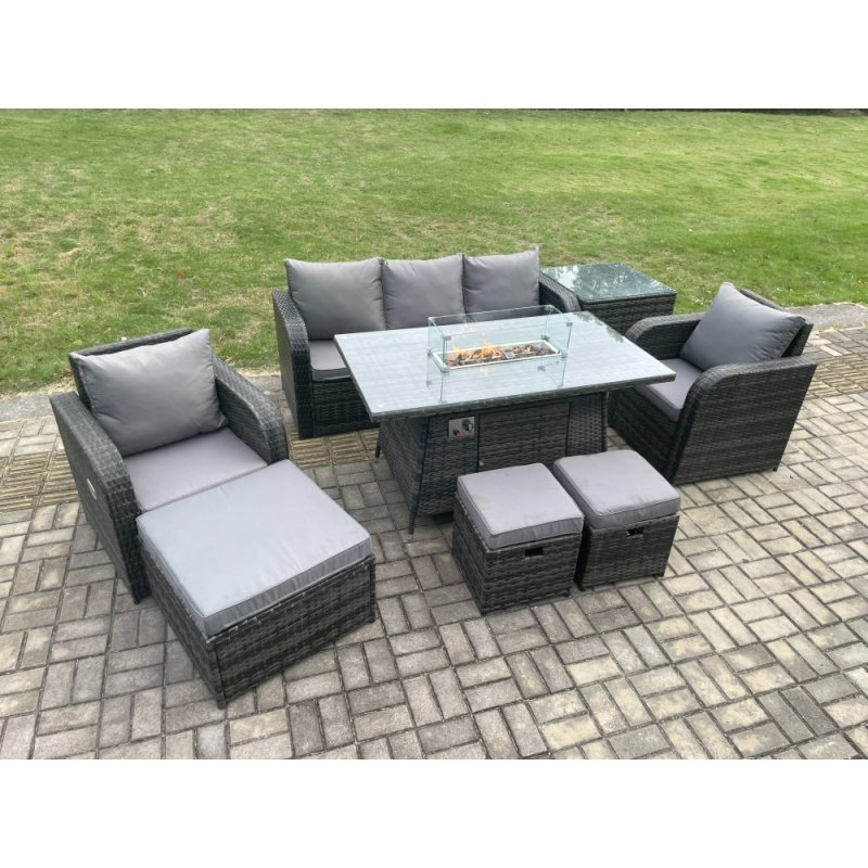 Fimous Wicker Rattan Garden Furniture Sofa Set Gas Fire Pit Dining Table Indoor Outdoor with Side Table Chair 3 Footstools