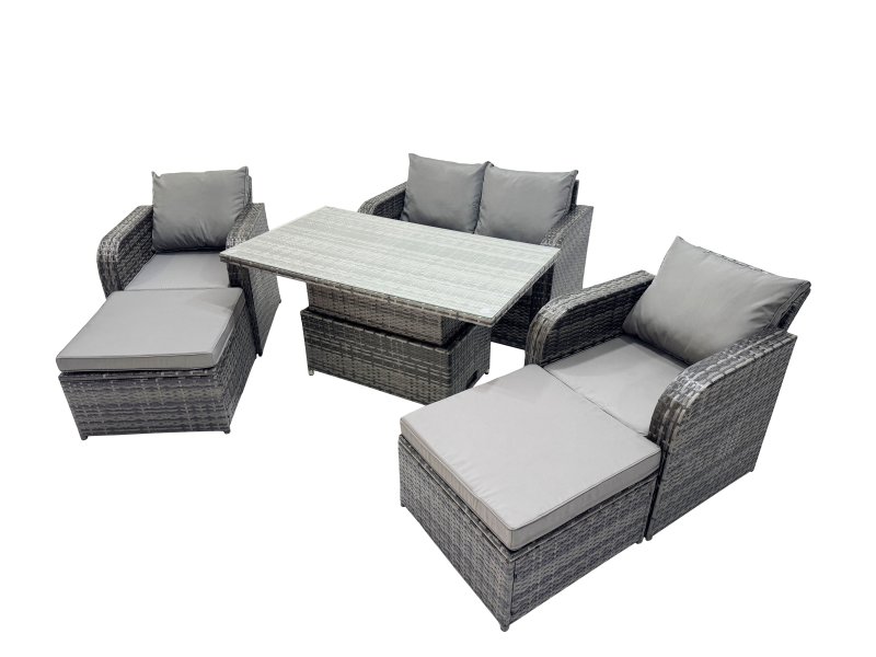 Fimous 6-seater Patio Height Adjustable Rising Lifting Table Sofa Sets Rattan Garden Furniture Dining Set with 2 Big Footstool Dark Grey Mixed