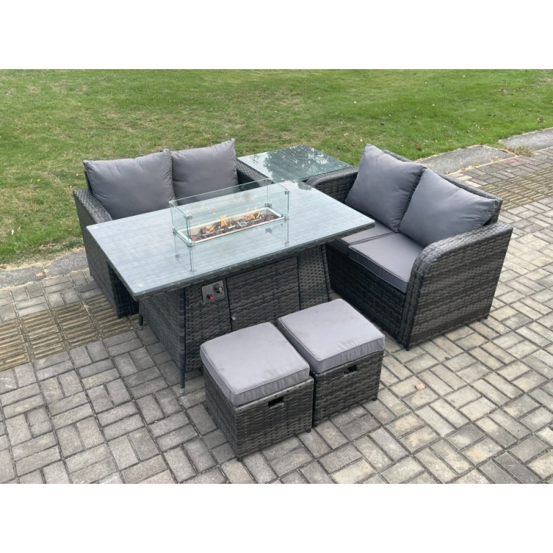 Fimous Rattan Garden Furniture Set with Gas Fire Pit Table 6 Pieces Outdoor Loveseat Sofa Set Dark Grey Mixed