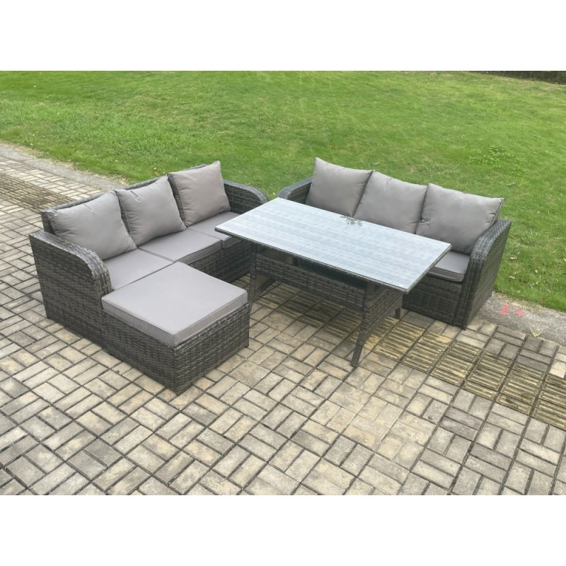 Fimous Rattan Garden Furniture Set with Oblong Rectangular Dining Table Big Footstool 4 Pieces Outdoor Lounge Sofa Set Dark Grey Mixed