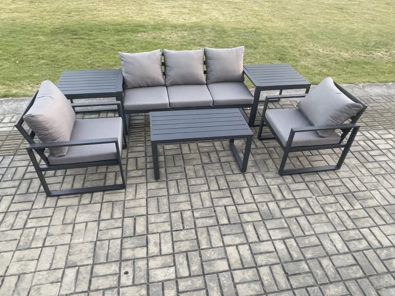 Fimous Aluminium Garden Furniture Set Patio Lounge Sofa with Oblong Coffee Table 2 Armchairs 2 Side Table Dark Grey