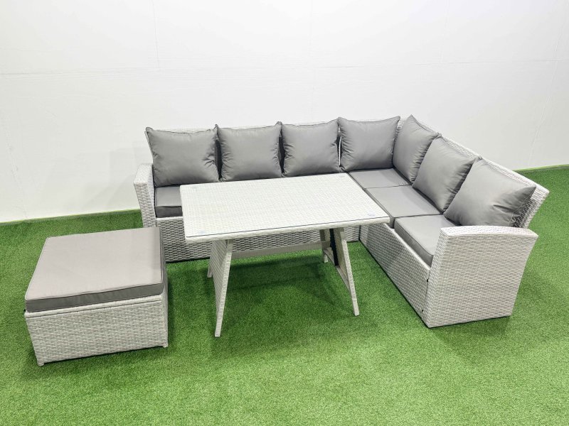 Fimous 7 Seater Garden Outdoor Rattan Furniture Set Rattan Corner Sofa Oblong Dining Table Set with Big Footstool Light Grey Mixed