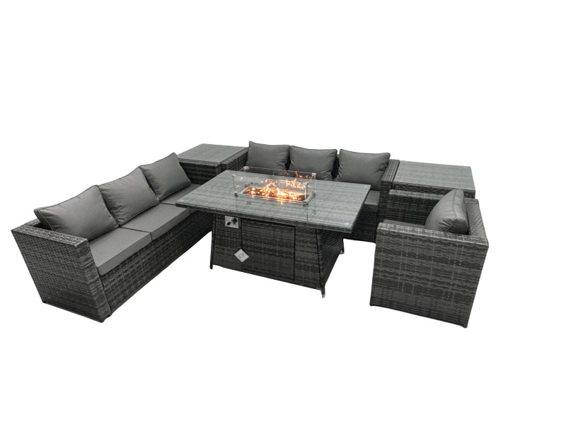 Fimous Rattan Garden Furniture Firepit Dining Set 7 Seater Lounge Sofa Table Set with 2 side table