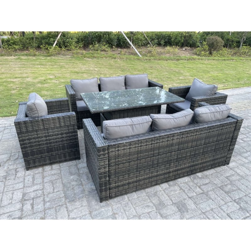 Fimous Outdoor Rattan Garden Furniture Height Adjustable Rising Lifting Table Sets Lounge Chairs Dark Grey 8 Seater