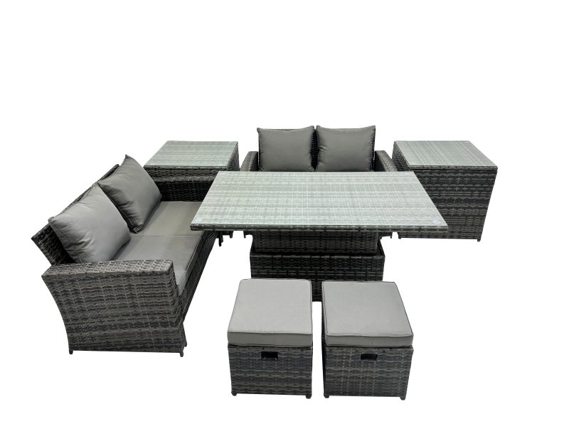 Fimous Outdoor Love Sofa Set 6 Seat Rattan Garden Furniture Set with Adjustable Lifting Dining or Coffee Table Dark Grey Mixed