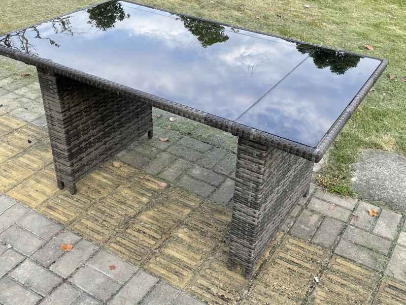 Fimous Wicker PE Outdoor Rattan Garden Furniture Arm Chair And Table Dining Sets 4 Seater Rectangular Table Dark Grey Mixed