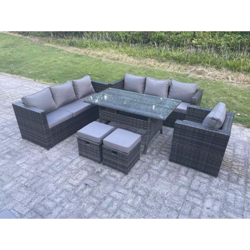 Fimous Outdoor Lounge Sofa Garden Furniture Set Rattan Rectangular Dining Table Patio Chair with 2 Small Footstool 9 Seater Dark Grey Mixed