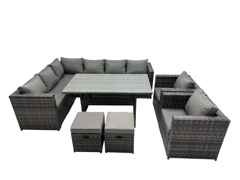 Fimous Outdoor PE Rattan Sofa Set with Dining Table Patio Garden Furniture Sets with 2 Chairs 2 Small Stools Dark Grey Mixed