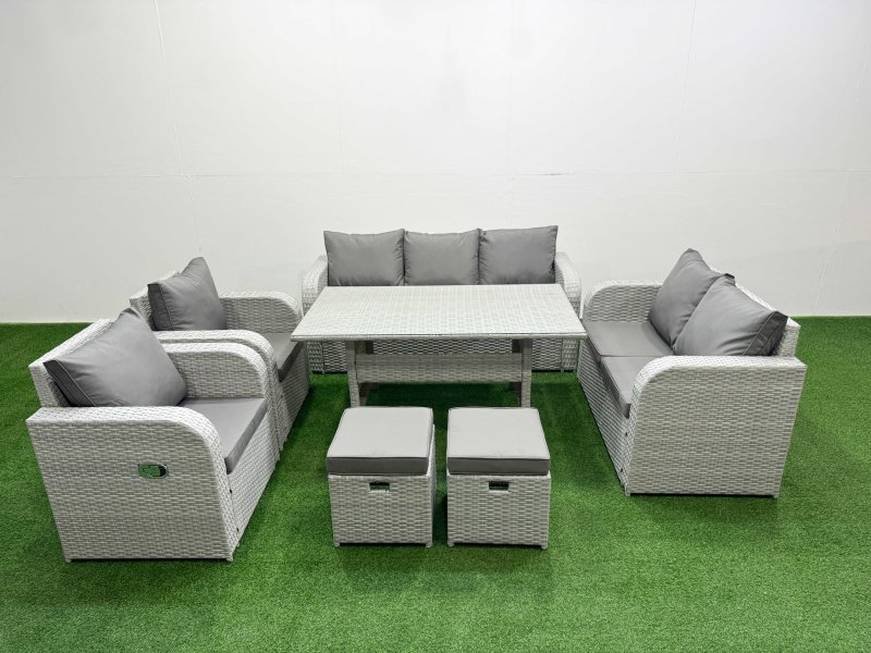 Fimous PE Rattan Garden Furniture Set Reclining Chair Sofa Double Love Seat 2 Seater Sofa Lounge Set Rectangular Dining Table 2 Stools Light Grey