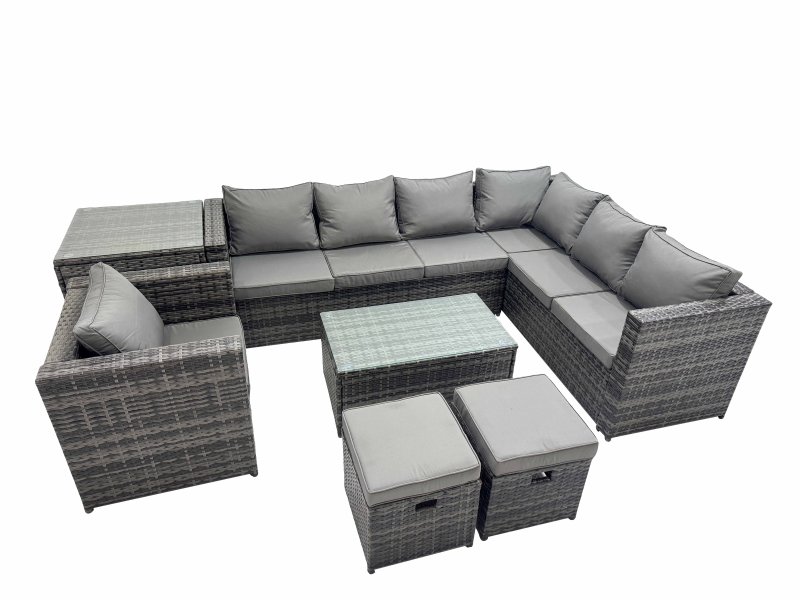 Fimous Patio Sofa Oblong Coffee Table Set Rattan Garden Furniture Set with Chair Side Table Dark Grey Mixed