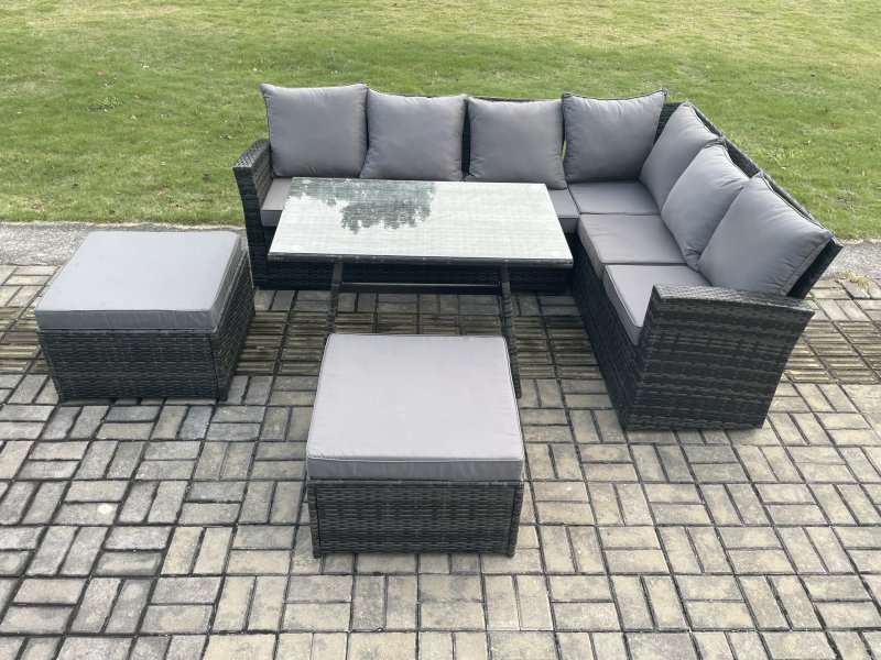 Fimous Outdoor Furniture Garden Dining Set Rattan Corner Sofa Set Rectangular Dining Table with Temper Glass 2 Big Footstool Dark Grey Mixed