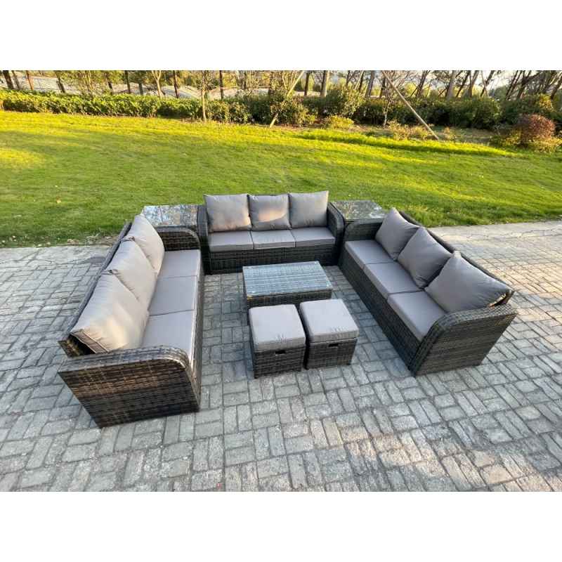 Fimous Rattan Lounge Sofa Set 11 Seater Outdoor Garden Furniture Set with Rectangular Coffee Table 3 Seater Sofa 2 Side Tables 2 Small Footstools Dark Grey Mixed