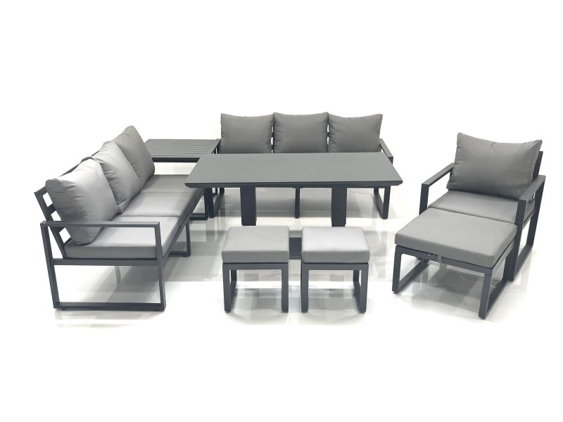 Fimous Outdoor Garden Furniture Set Aluminium Lounge Sofa Adjustable Rising Lifting Dining Table Sets with 3 Footstools Side Table Dark Grey