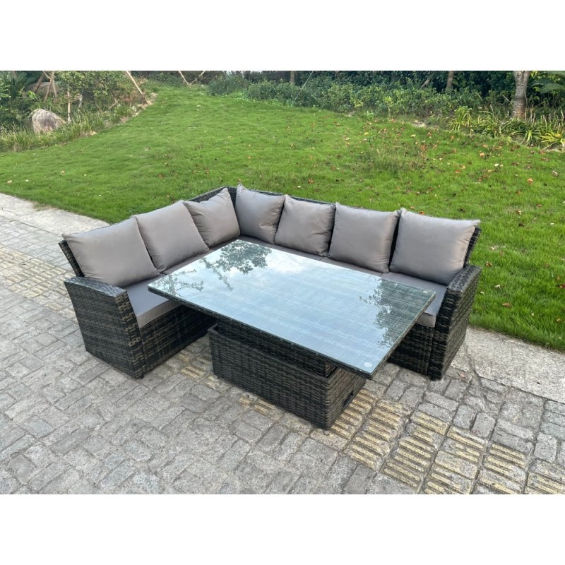 Fimous Outdoor Rattan Corner Sofa Garden Furniture High Back Sofa Set Adjustable Rising Lifting Table Set 6 Seater