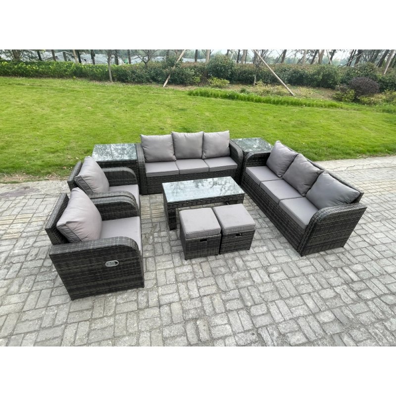 Fimous Wicker PE Rattan Sofa Set 10 Seater Outdoor Patio Garden Furniture Set with 2 Reclining Chairs Coffee Table 2 Side Tables 2 Small Footstools Dark Grey Mixed