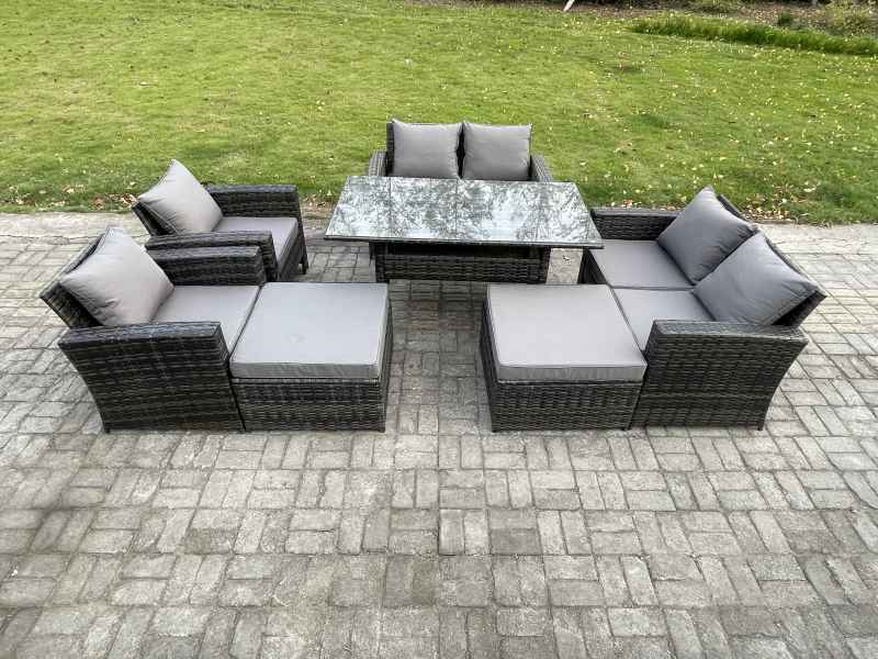 Fimous 8 Seater High Back Outdoor Garden Furniture Rattan Sofa Dining Table Set with Armchair 2 Big Footstool Dark Grey Mixed