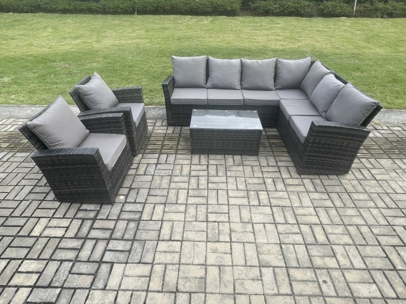 Fimous 8 Seater High Back Outdoor Garden Furniture Set Rattan Corner Sofa Set With Rectangular Coffee Table 2 Armchairs Dark Grey Mixed