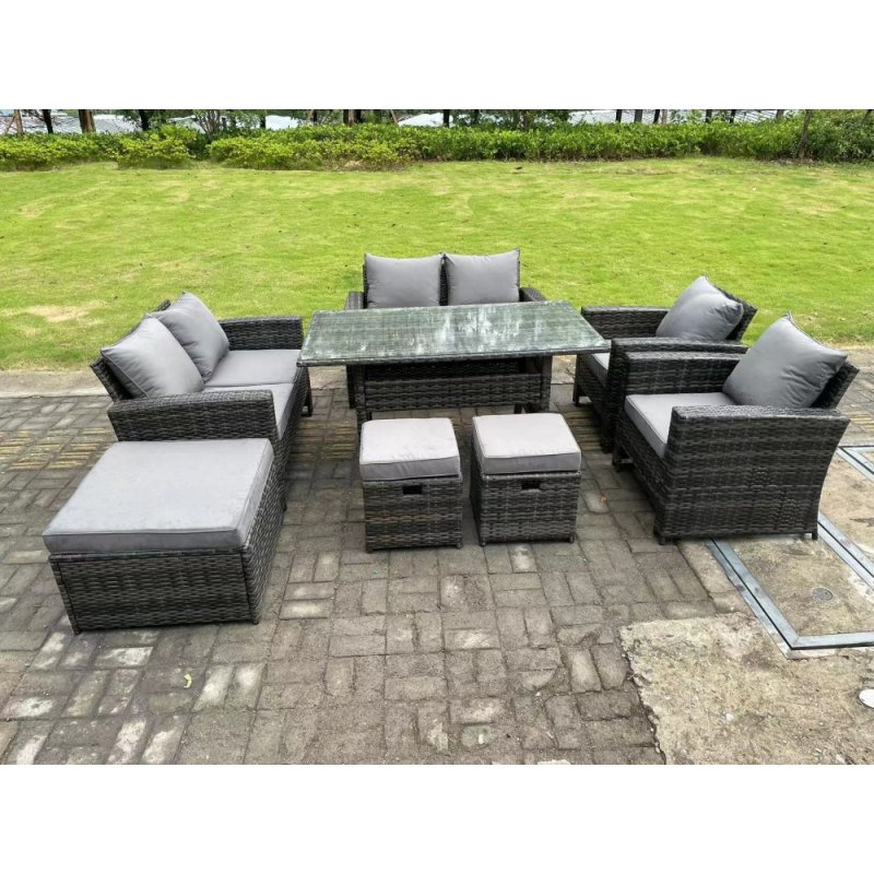 Fimous 9 Seater Dark Grey Mixed High Back Rattan Sofa Set Dining Table Garden Furniture Outdoor With Arm Chair Love Seat