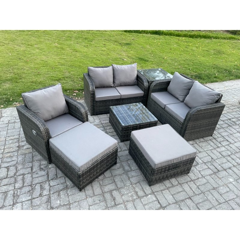 Fimous PE Rattan Garden Furniture Sets Outdoor Love Sofa Chair Set Square Coffee Table Side Table 2 Big Footstool