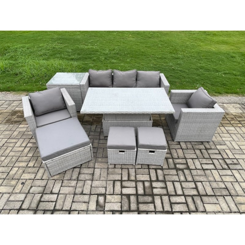 Fimous Outdoor Rattan Garden Funiture Set Height Adjustable Rising Lifting Table Sofa Dining Set with 2 Armchairs Side Table Footstools