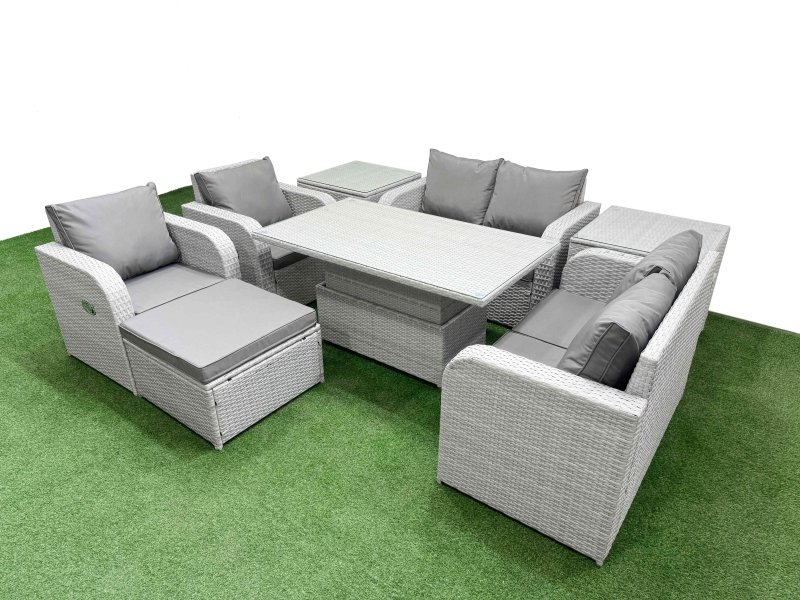 Fimous 7 Seater Outdoor Reclining Chair Love Sofa Set Rattan Garden Furniture Set with Adjustable Lifting Dining or Coffee Table Footstool 2 Side Tables Light Grey