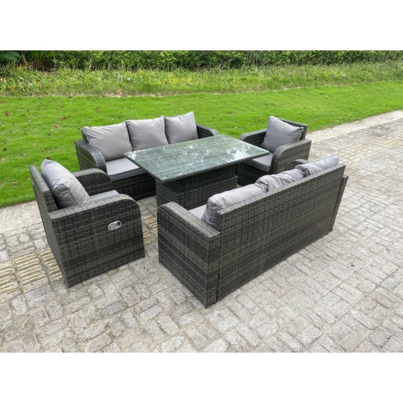 Fimous Outdoor Rattan Garden Furniture Sofa Set Lounge Sofa Dining Table Height Adjustable Rising Lifting Table Reclining Arm Chairs 8 Seater