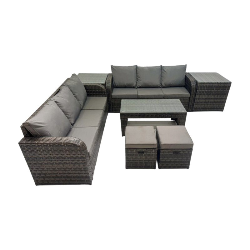 Fimous Rattan Garden Outdoor Furniture Set 3 Seater Sofa Coffee Table with 2 Side Tables 2 Small Footstools Dark Grey Mixed