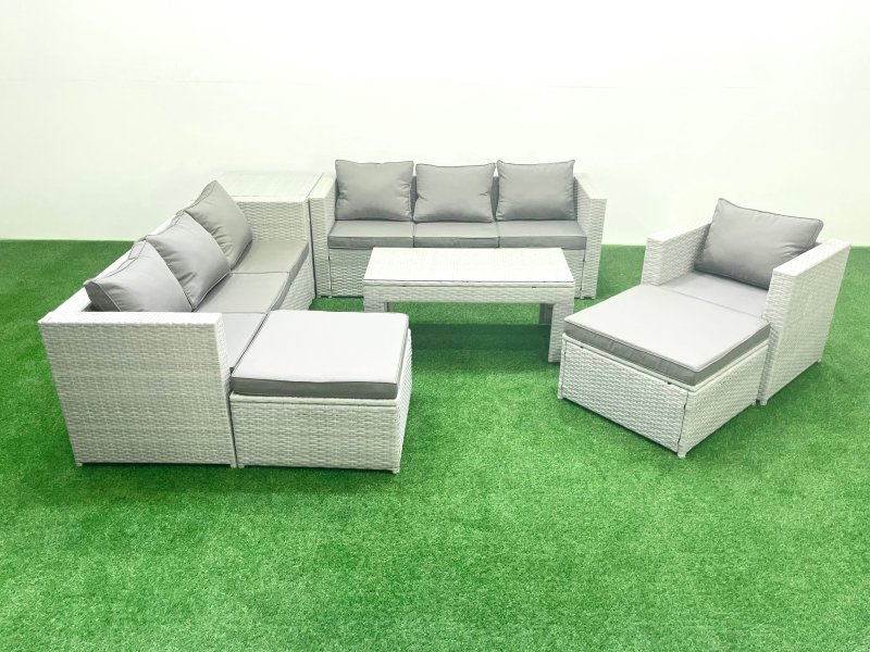 Fimous Wicker PE Rattan Sofa Garden Furniture Set with Oblong Coffee Table Armchair 2 Big Footstools Side Table Light Grey Mixed