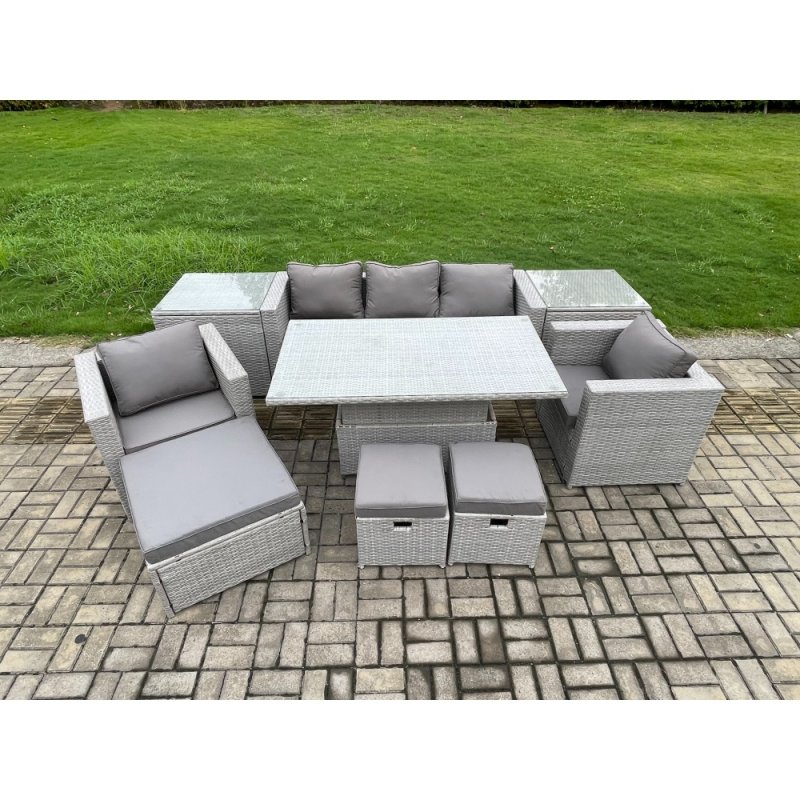 Fimous Rattan Outdoor Garden Funiture Set Height Adjustable Rising Lifting Table Sofa Dining Set with 2 Armchairs 2 Side Tables Footstools