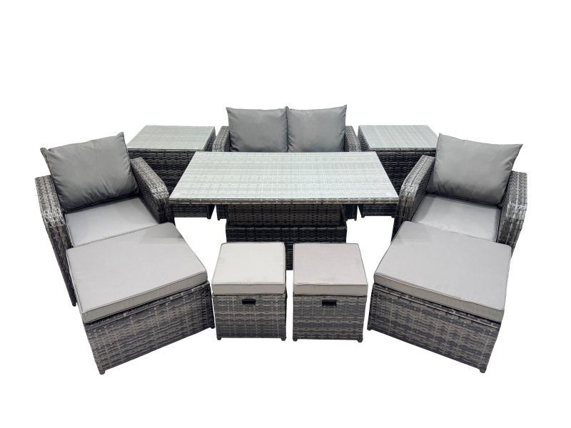 Fimous 8-seater Patio Height Adjustable Rising Lifting Table Sofa Sets Rattan Garden Furniture Dining Set with 2 Small Footstool Dark Grey Mixed