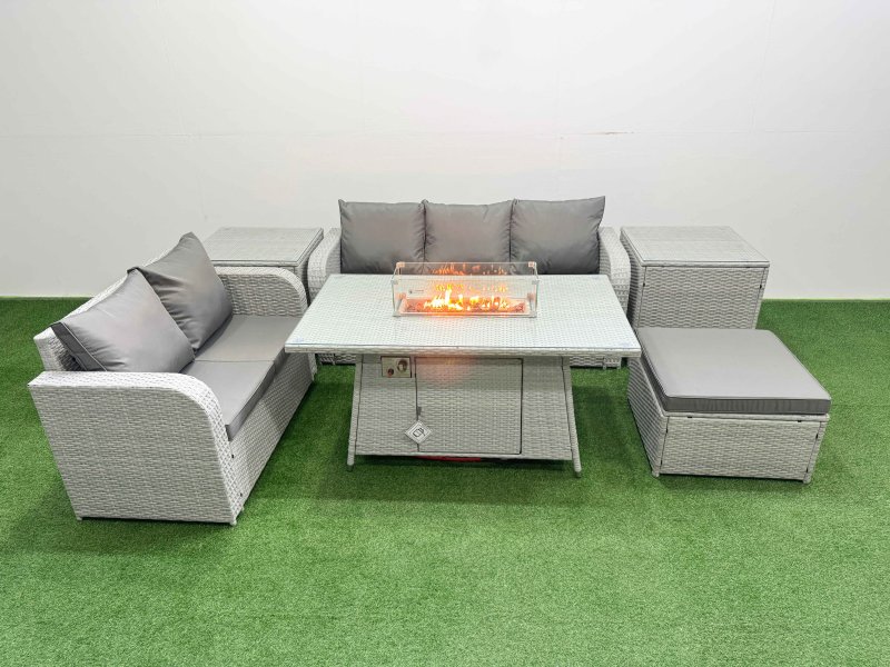 Fimous 6 Seater PE Rattan Wicker Garden Furniture Patio Conservatory Sofa Set with Firepit Dining Table 3 Seater Sofa Love Sofa Big Footstool 2 Side Table