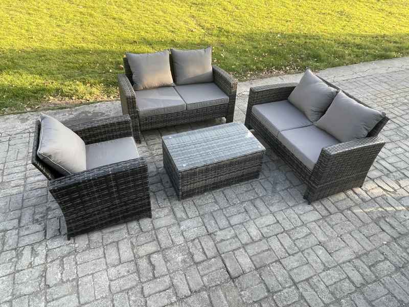 Fimous Wicker Rattan Garden Furniture Sofa Set with Rectangular Coffee Table Double Seat Sofa Chair 5 Seater Outdoor Rattan Set Dark Grey Mixed