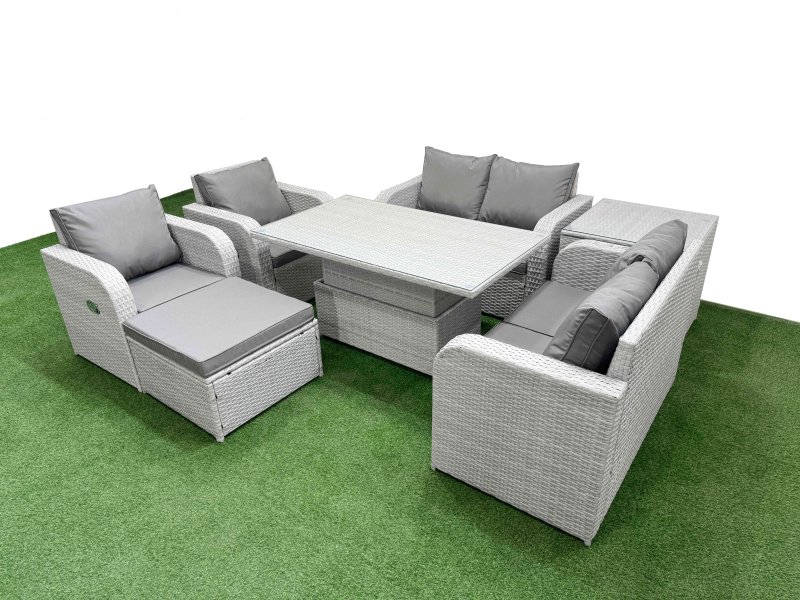 Fimous 7 Seater Outdoor Reclining Chair Love Sofa Set Rattan Garden Furniture Set with Adjustable Lifting Dining or Coffee Table Footstool Side Table Light Grey
